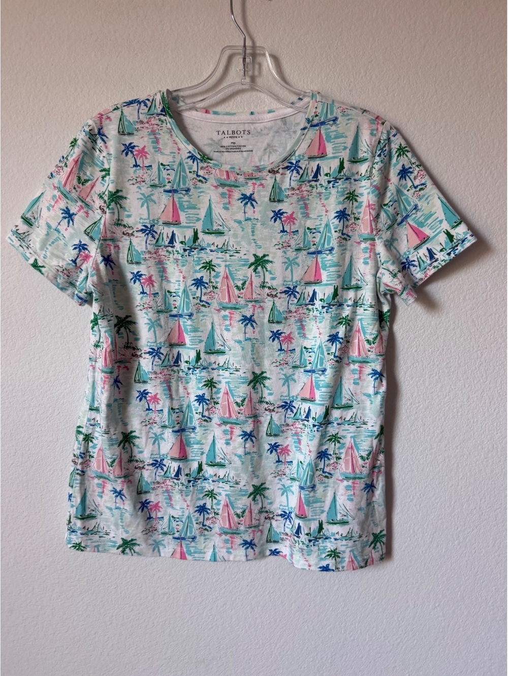 Talbots Short Sleeve Round Neck Colorful Sailboat T-Shirt Women's Size M Petite - Picture 1 of 7